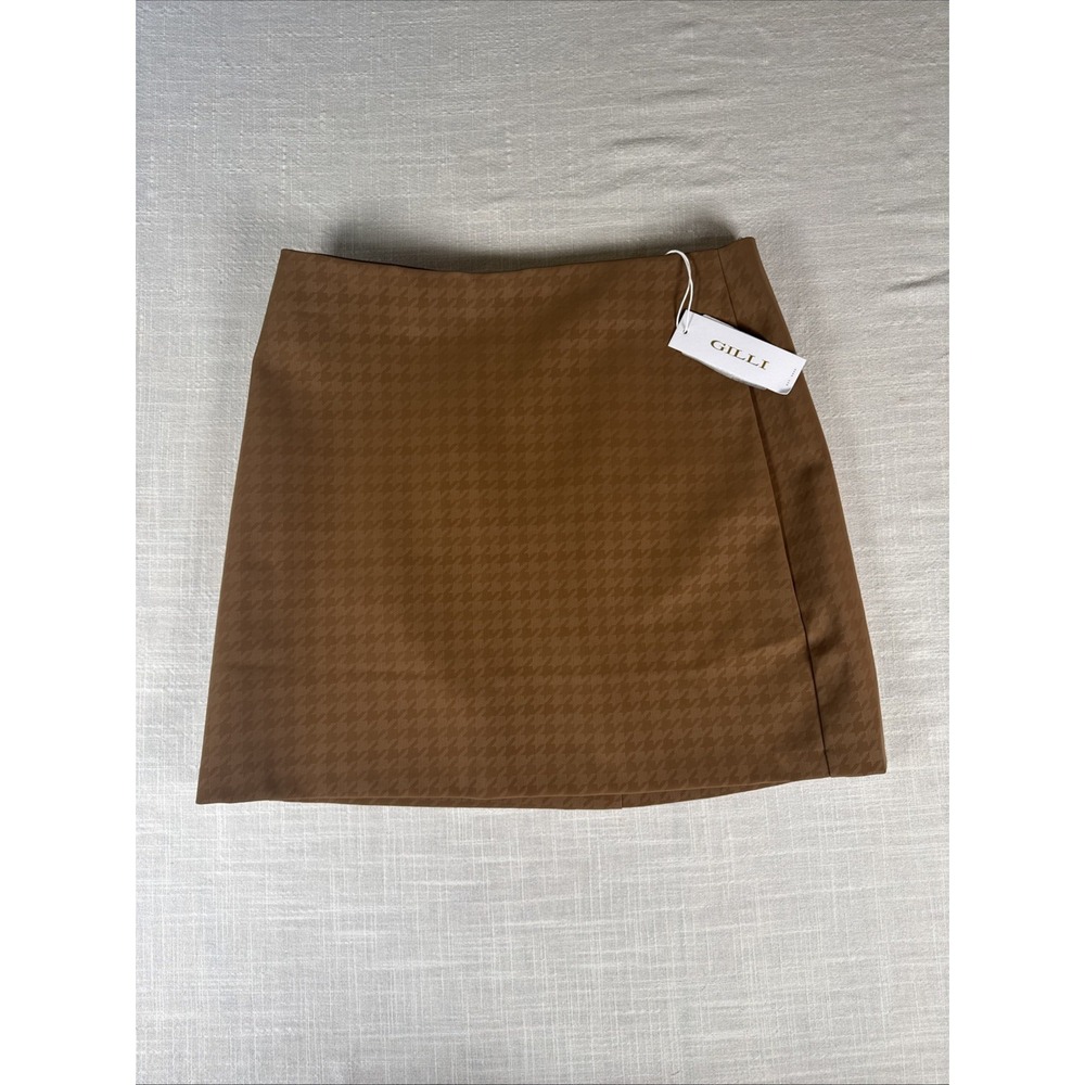 Gilli Brown Houndstooth Pleather‎ Mini Skirt Size Large  - NWT - NEW